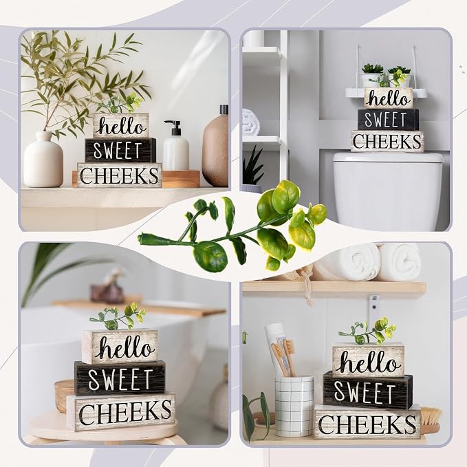Moucuny 4 Pcs Bathroom Shelf Decor Hello Sweet Cheeks Sign Farmhouse Bathroom Decor and Accessories Rustic Eucalyptus Leaves Wood Block Sign Gift Sweet Home Table Centerpiece for Home Office - Image 5