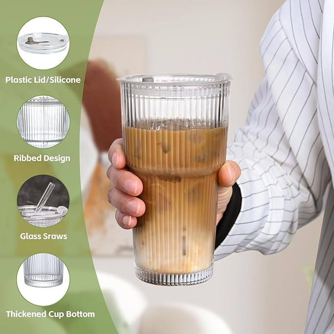 20OZ Ribbed Glass Cups with Lids and Straws,Iced Coffee Cups with Lid,Vintage Glasses Tumbler Glassware for Whiskey Cocktail Beer Juice（4PCS）