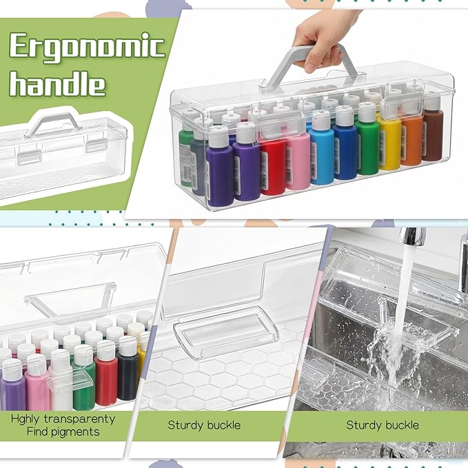 SHENLIU 3 Pcs Acrylic Paint Storage Box, 30 Bottles Capacity Acrylic Paint Organizer for 2 fl. oz Bottles, Plastic Portable Craft Art Organizer with Handle Art Supply Clear Boxes