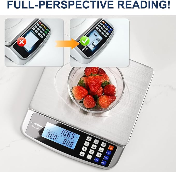 ATOGOU 66lb Food Scale, Commercial Kitchen Scale with Price Computing, Plug-in Usable, 0.05oz/1g, 304 Stainless Steel, for Cooking, Vegetables, Farm, Industry, Counting. LC300 Silver