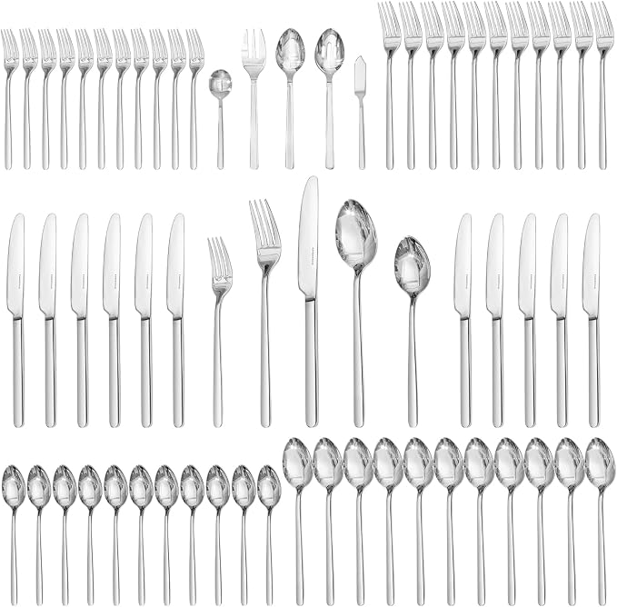 KINGSTONE 65 Piece Silverware Set with Serving utensils, Flatware Set for 12, 18/10 Stainless Steel Cutlery Set Mirror Polished Modern Design Dishwasher Safe by KINGSTONE