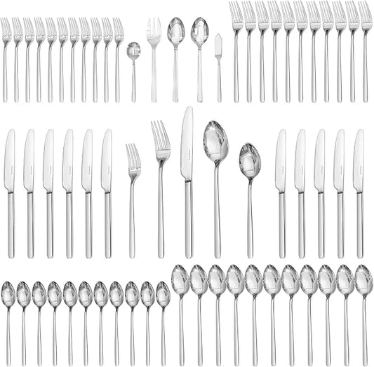 KINGSTONE 65 Piece Silverware Set with Serving utensils, Flatware Set for 12, 18/10 Stainless Steel Cutlery Set Mirror Polished Modern Design Dishwasher Safe by KINGSTONE