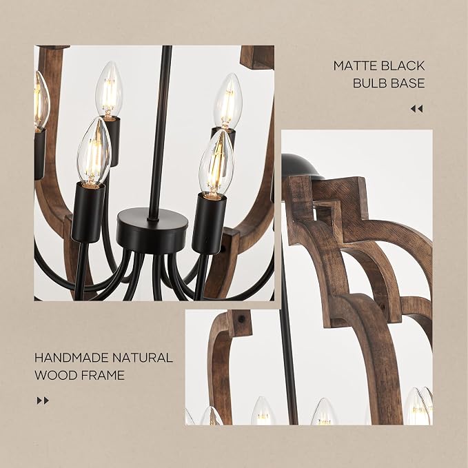 24.6" Farmhouse Vintage Chandelier 8-Light for Dining Room Rustic Handmade Wood Hanging Ceiling Pendant Light Fixture for Entryway Brown Retro Chandeliers for Kitchen Bedroom Foyer Hallway - Image 6
