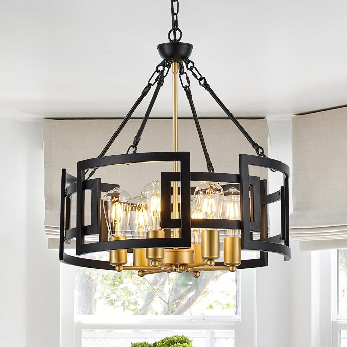 Modern 19.7" Black Gold Chandelier for Dining Room Industrial Vintage Semi Flush Mount 6-Light Round Pendant Ceiling Light Fixture for Kitchen Bedroom Living Room Hallway Entryway Foyer by ProfessionalLightingFixturesManufacturer