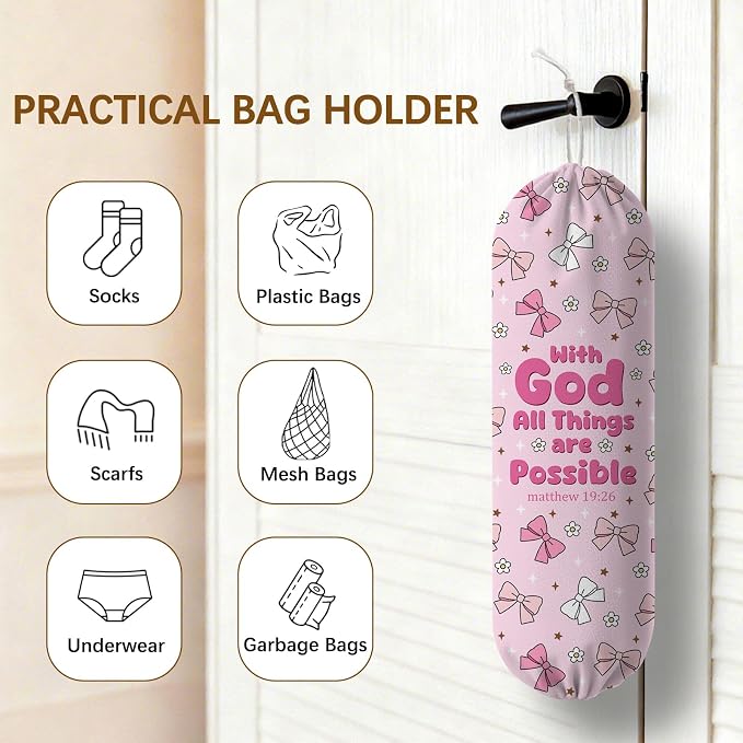 Pink Bow Plastic Bag Holder, Wall Mount Organizer for Reusable Canvas Grocery Bags, Decorative Home Kitchen Pantry Decor Hanging Bag Dispenser, Christian Shopping Bags Storage Dispenser - Image 4