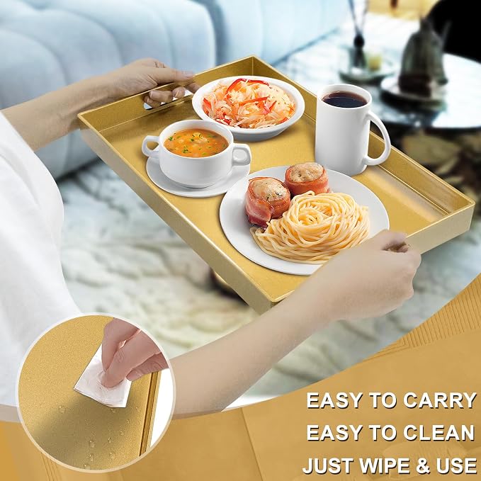 MAONAME Gold Decorative Tray for Coffee Table, Serving Tray with Handles | Plastic Melamine Tray, Modern Ottoman Tray, Rectangular Countertop Organizer Tray for Living Room, 15.8"L x 10.2"W x 1.4"H - Image 4