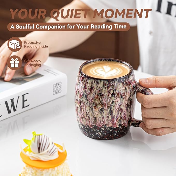 Unique Reactive Glaze Ceramic Coffee Mug - 14 oz Large Coffee Cup with Ergonomic Handle, Lava Red Porcelain Mug for Women & Men, Microwave & Dishwasher Safe, Perfect Birthday & Housewarming Gift - Image 4