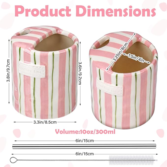1 Pack Ceramic Coffee Mug with Sip Hole Espresso Cup 10oz with Straws Retro Hand Painted Striped Ceramic Iced Coffee Tea Travel Mug Latte Cup for Kitchen Dining (Simple,Pink and Green) - Image 2
