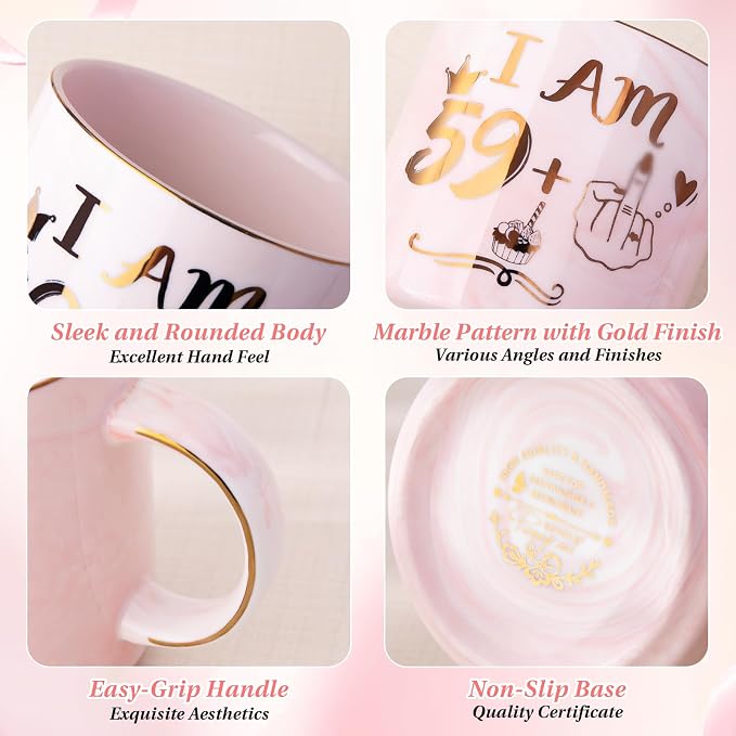 Funny 60th Birthday Coffee Mug for Women - 14oz Pink Marble Ceramic Mug, Playful Gold 59 Plus 1 Hand Design - Hilarious Turning 60 Year Old Gift for Mom, Sister, Best Friend, Wife, Neighbor, Colleague - Image 3