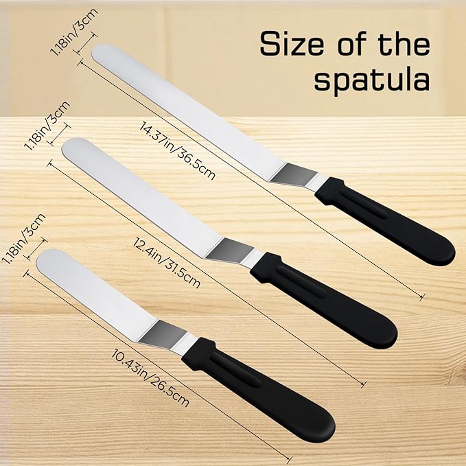 3 Black 6 8 & 10 Inch Stainless Steel Icing Spatulas - Offset Spatula for Cake, Butter, and Cake Flour - Durable Metal Spatula for Baking Enthusiasts, Use for Home, Kitchen or Bakery