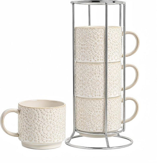 6 Oz Coffee Cups Set of 4, Stackable Espresso Cups with Metal Stand, Ceramic Cappuccino Cup, Embossed Coffee Mugs for Latte, Cocoa, Mocha, Tea, Housewarming Present, Dishwasher Safe by Unknown