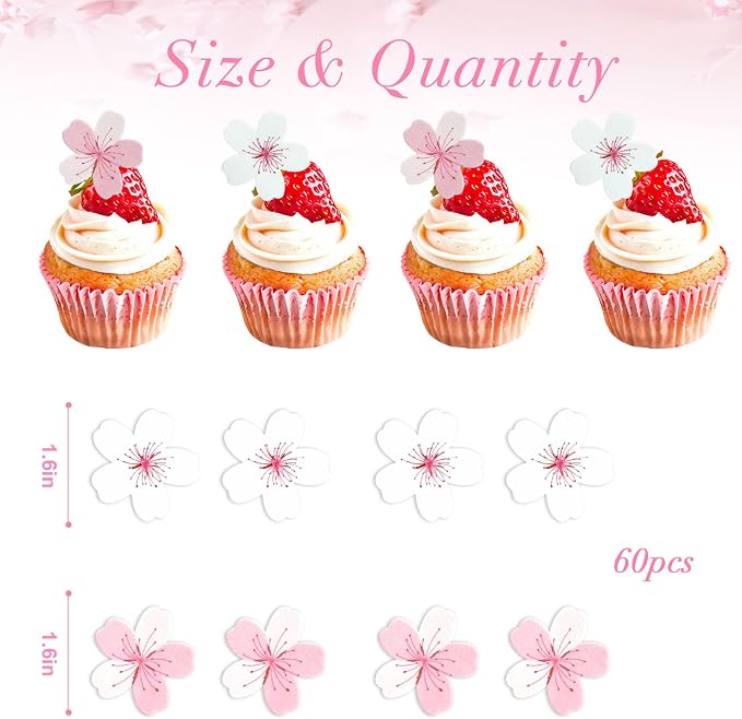 60pcs Edible Flowers Cake Decorations – Edible Flowers Cupcake Toppers | Edible Flowers Cherry Blossoms Cake Toppers Decorations Wafer Paper, Flower Cupcake Toppers for Wedding Birthday Party - Image 3