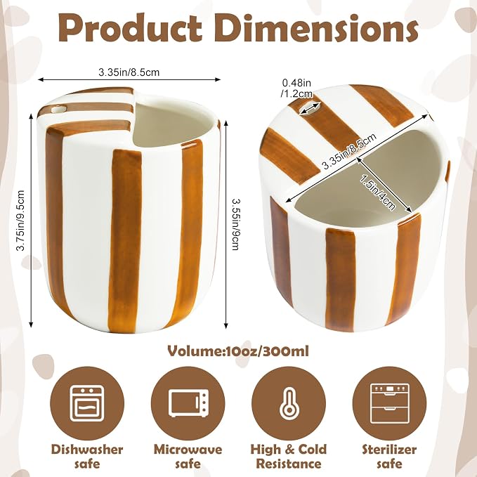 Ceramic Mug with Sip Hole 10 oz Brown Striped Ceramic Coffee Mug Hand Painted Travel Mugs Heat Resistant Non Slip Built in One Lid Handcraft Mugs for Coffee Lovers Appreciation Gift - Image 2