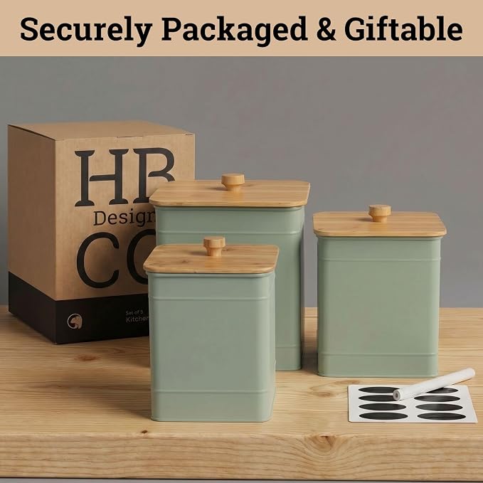 Kitchen Canisters for Countertop Set of 3 w/ Chalkboard Labels & Marker Pen | Airtight Easy Open Bamboo Lids, Dent-Resistant Thick Metal, Customizable Chalkboard Labels, Marker Pen Included, Set of 3 - Image 9