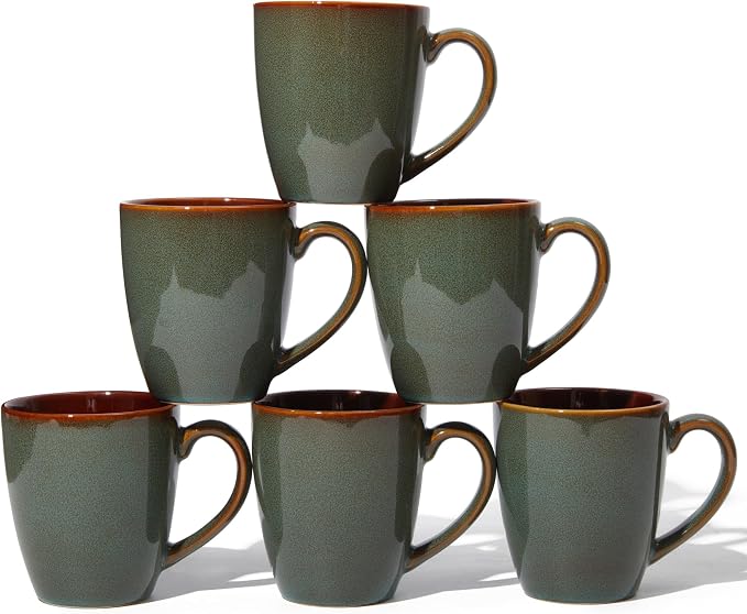 Pokini Coffee Mug 14 oz, Ceramic Coffee Mugs Set of 6, Reactive Glaze Mug for Latte/Tea/Cappuccino, Large Stackable Mug Set for Men, Women, Dad, Mom, Dishwasher & Microwave Safe, Brown Green by Pokini