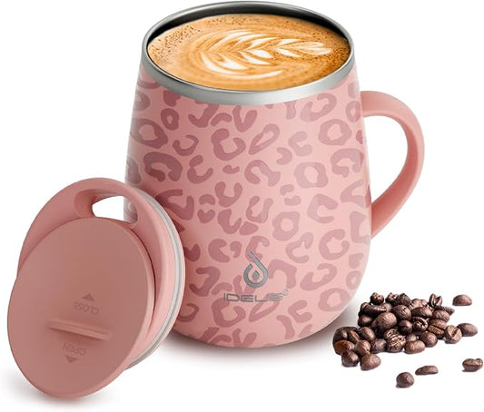 Ideus 16 oz (470 ml) Insulated Coffee Mug with Handle and Lid, Double Wall Stainless Steel Vacuum Thermal Coffee Mug, Travel Coffee Cup Thermal Cup for Home and Office, Leopard Pink by IDEUS