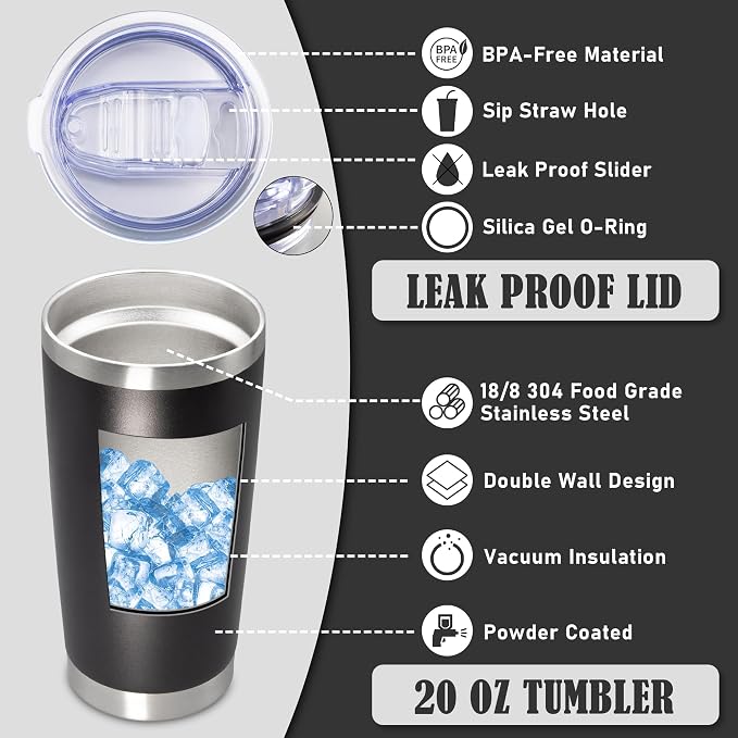 20oz Tumbler Insulated Coffee Tumblers with Lid Stainless Steel Black 4P | 20 oz Tumblers Double Wall Insulated Vacuum 20oz Coffee Mug Leak Proof Tumblers with Lid Powder Coated - Black 4 Pack - Image 3
