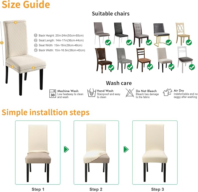 Fuloon Waterproof Dining Chair Covers, Parsons Chair Slipcover, Super Fit Stretch Kitchen Chairs Slipcovers, Removable Washable Chairs Seat Slipcover for Dining Room, Kitchen, Banquet (6 Pack, Beige) - Image 5