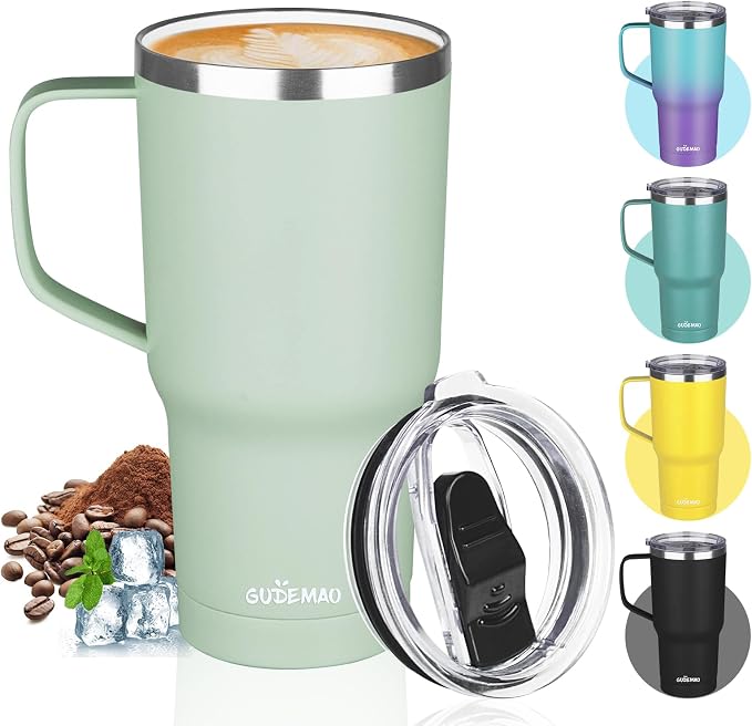 20 oz Insulated Coffee Mug with Ceramic Coating, Stainless Steel Travel Mug Tumbler with Handle Lid and Straw, Double Wall Leak-Proof Coffee Travel Mug Keeps Drink Hot and Cold (Matcha) by GUDEMAO