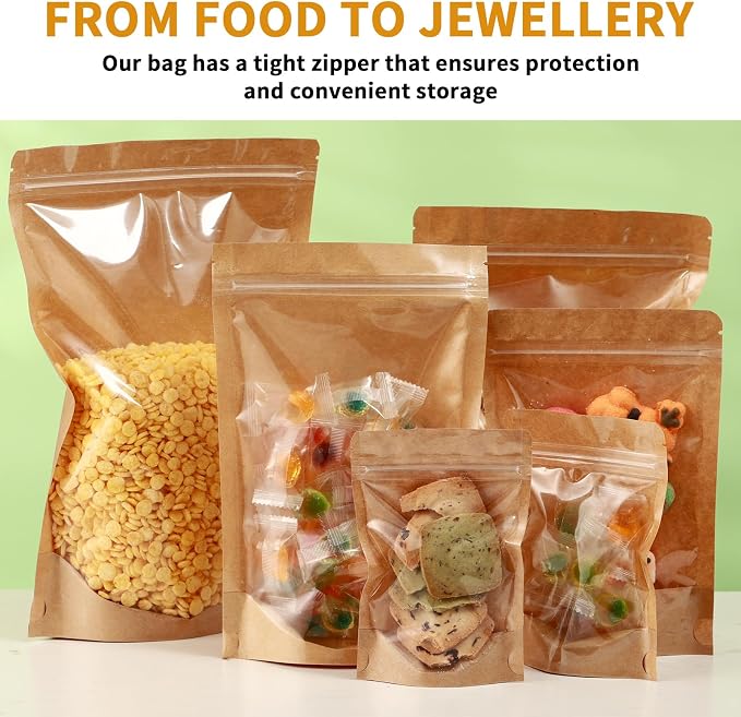 200 Pack Kraft Paper Bags with Clear Window 4x6 Reclosable Small Stand Up Mylar Bags for Food Storage Resealable Smell Proof Pouch, Edible Packaging, Reusable bags for Small Business - Image 7