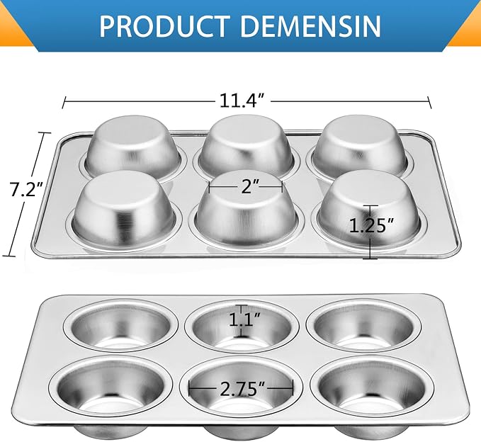 E-far Muffin Pan Set of 4, Stainless Steel Muffin Pan Tin for Baking, 6-Cup Metal Cupcake Pan Tray, Non-toxic & Healthy, Oven & Dishwasher Safe, Regular Size - 11.44 x 7.12 x 1.25 Inch - Image 2