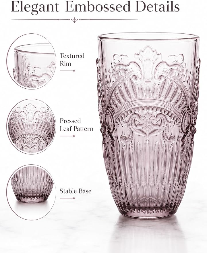13 OZ 6 Pack Vintage Drinking Glasses Set, Colorful Textured Glass Water Tumblers Cups -Embossed Striped Glassware for Water, Cocktails, Juice, Iced Coffee, Beer(Imperial Arch style) - Image 3