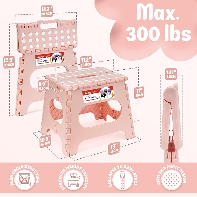 ACSTEP 11" Folding Step Stool for Kids, Non-Slip Foldable Stool, Light Pink | Heavy Duty Collapsible Foot Stool, Lightweight with Built-in Handle, Holds 300 lb for Adults Kitchen Bathroom Bedroom Outdoor - Image 2