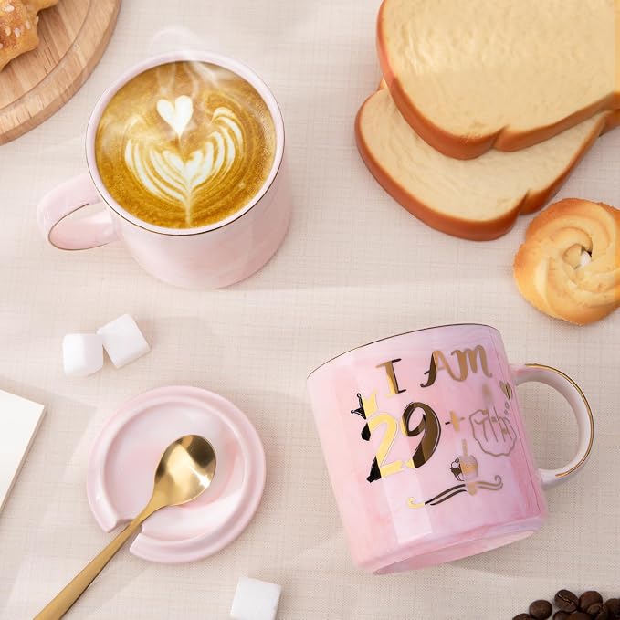 Funny 30th Birthday Gifts for Women - 14oz Pink Mug with Cheeky 29+1 Joke | Elegant Marble Ceramic Gold Print Coffee Cup, with Greeting Card, Beautiful Gift Box, Perfect for Birthday Celebration, Party - Image 4