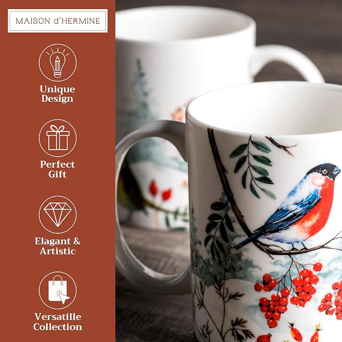Maison d' Hermine Coffee Mug with Handles Tea Cups (12 Ounce, Pack of 2) | Fine Bone China Coffee Mugs for Hot Beverages Cappuccino Latte Home Restaurant Hotel Spring Summer -Morzine - Image 2