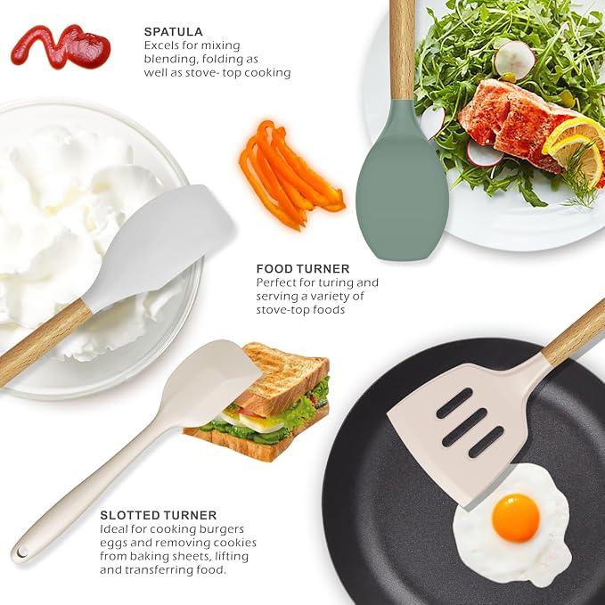 oannao Silicone Cooking Utensils Set - 446°F Heat Resistant Silicone Kitchen Utensils for Cooking,Kitchen Utensil Spatula Set w Wooden Handles, BPA FREE Gadgets for Non-Stick Cookware (Colorful) - Image 3