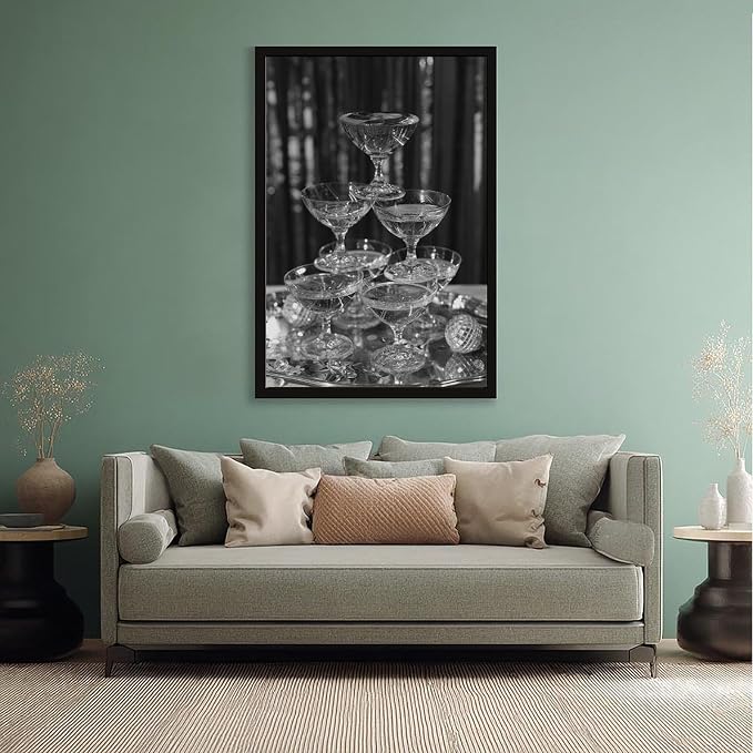 UXCBIA Stacked Champagne Glasses With Mirror Balls, Black And White, Wine Glasses Poster Canvas Poster Bedroom Decor Sports Landscape Office Room Decor Gift Black Frame 08x12in(20x30cm) - Image 5