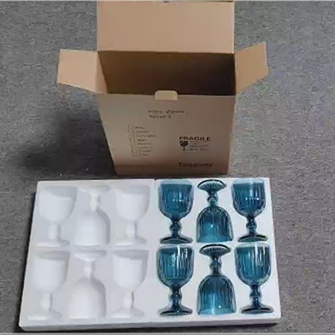 Taganov Blue Glasses Drinking Wine Water Goblets set of 6 Colored Stemware Vintage Glassware 11 ounce for Wedding Party Bar Vertical Embossed Pattern Stemmed Cups 330 ml - Image 9