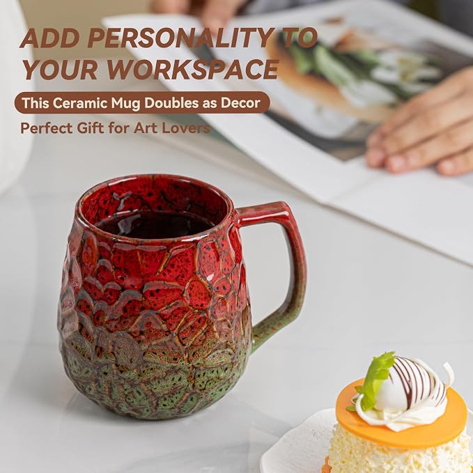 18oz Unique Red & Green Kiln-Change Ceramic Coffee Mug, Handcrafted Hammered Texture Ceramic Mug with Ergonomic Handle, Microwave & Dishwasher Safe, Gift for Coffee Lovers, Home Office Daily Use - Image 5