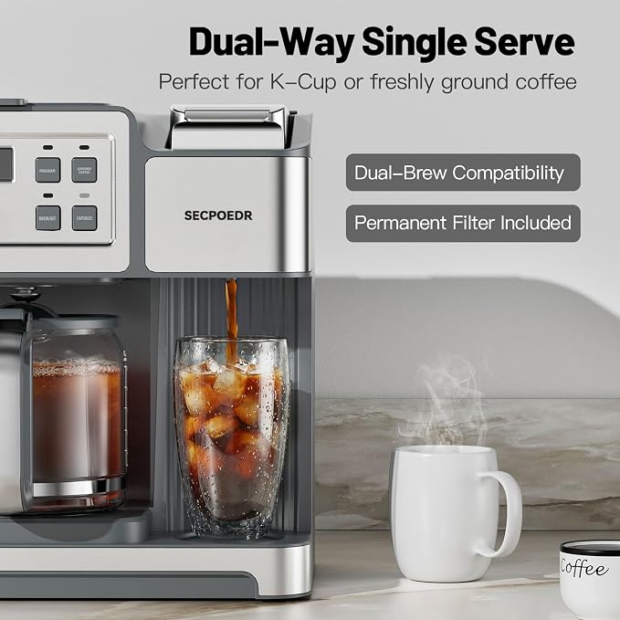 2-Way 12-Cup Programmable Brewer Coffee Maker (Silver) | Compatible with K-Cup Pods & Grounds, Single Serve & Full 12 Cup Pot, 4H Keep Warm, Fast Brewing for Home & Office Use - Image 4