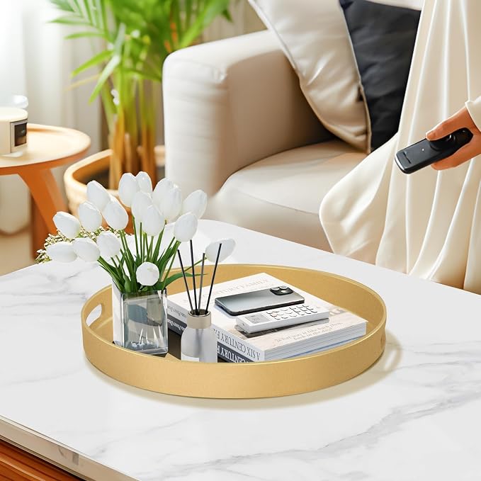 MAONAME 13" Gold Decorative Tray, Plastic Round Serving Tray with Handles | Decorative Tray for Coffee Table, Modern Ottoman Tray, Circle Tea Tray, Round Melamine Tray for Living Room, Bathroom - Image 5