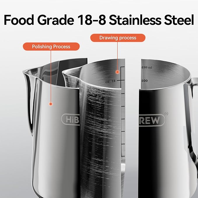HiBREW Latte Art Pitche 15oz, Stainless Steel Milk Frothing Pitcher Steamed Espresso Cup Barista Pitcher (15oz/450ml)
