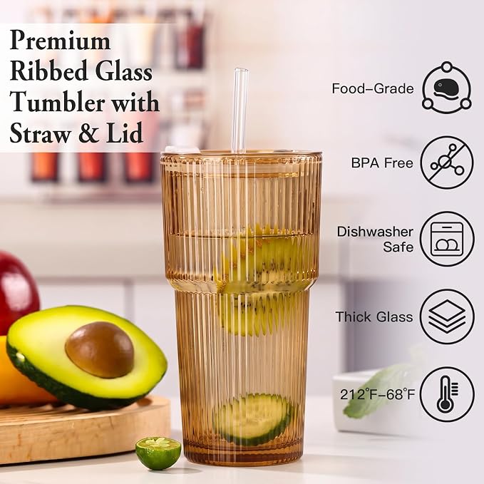 4PCS Brown Drinking Glasses, Ribbed Glass Cups with Lids and Straws, 20oz Vintage Drinking Glasses, Aesthetic Iced Coffee Cups, Glass Tumbler for Boba, Beer, Tea, Cocktails, Yellow Glassware (Brown-4) - Image 2