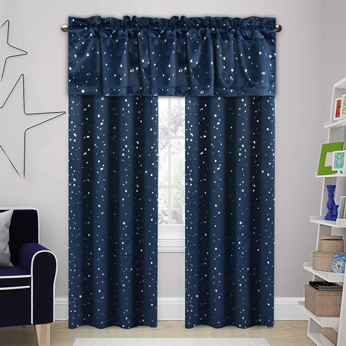 H.VERSAILTEX Blackout Curtain Valances for Kitchen Window/Living Room/Bathroom Privacy Added Rod Pocket Home Decoration Winow Valance, 52" W x 18" L, Glitter Stars in Navy Base (Pack of 4) - Image 7