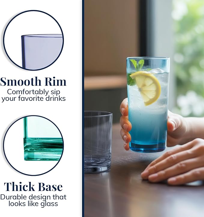 US Acrylic Classic Plastic Reusable Drinking Glasses (Set of 8) 12oz Rocks & 16oz Water Cups in Coastal Colors | BPA-Free Tumblers, Made in USA | Top-Rack Dishwasher Safe - Image 4