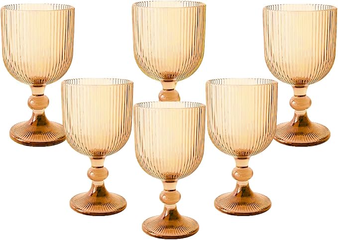 Vintage Wine Glasses Set of 6, 11 Ounces Colored Glass Water Goblets, Colorful Unique Embossed Pattern High Clear Stemmed Glassware Wedding Party Bar Glass Drinking Cups Vertical Line Gold Amber by XKXKKE