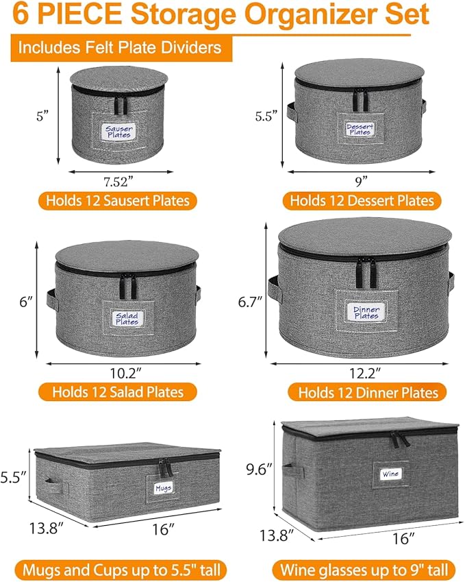 punemi China Storage Containers, 6-Piece Hard Shell Set for Moving Boxes | Mug, cup and wine glass organizers with dividers and carry handles for dinnerware, glassware and stemware, grey - Image 7