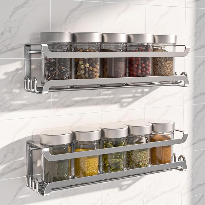 LUCYCAZ 2 Pack Wall Mounted Spice Rack for Spice Jars & Seasonings (Silver) | 8 Metal Hooks, Space-Saving,Screw or Adhesive Spice Shelf Hanging,for Kitchen Cabinet,Pantry Door,RV,Camper Spice Orgnaizer by LUCYCAZ
