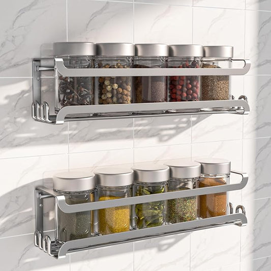 LUCYCAZ 2 Pack Wall Mounted Spice Rack for Spice Jars & Seasonings (Silver) | 8 Metal Hooks, Space-Saving,Screw or Adhesive Spice Shelf Hanging,for Kitchen Cabinet,Pantry Door,RV,Camper Spice Orgnaizer by LUCYCAZ