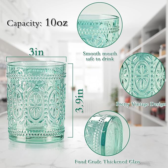 Darlion Vintage Glassware, Green Drinking Glasses, 10oz Green Glass Cups | Food Grade Glass, Lead-Free Glass, Durable&Sturdy, Vintage Decoration - Image 2