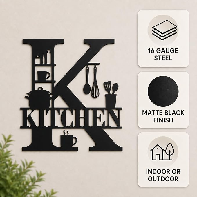 Kitchen Metal Wall Decor, Farmhouse Kitchen Sign, 14 Inch | 14-inch matte black metal kitchen sign with pre-drilled holes for farmhouse, modern, rustic, or industrial wall decor. - Image 5