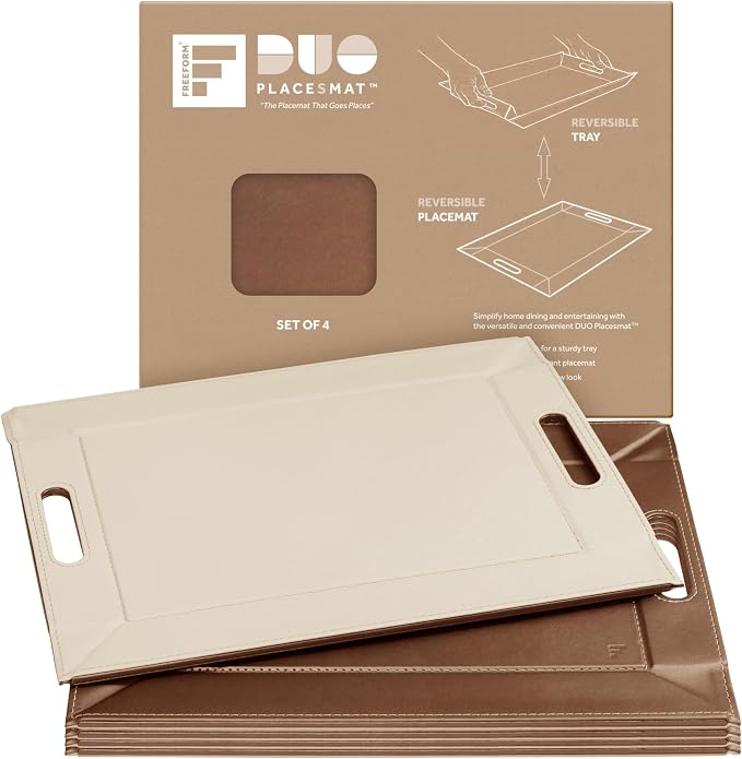 2-in-1 Serving Tray & Placemat | Faux Leather & Reversible | Lays Flat as a Placemat or Folds into an Ottoman Food Tray, Easy to Clean by FREEFORM