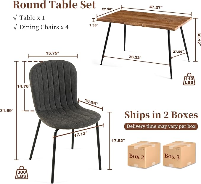 Rectangle Dining Table Set for 4 with Grey PU Leather Chairs | 5-Piece Mid-Century Modern Set, Irregular MDF Table, Wood Grain, Space-Saving for Small Spaces, Dining Rooms, Easy Clean - Image 4