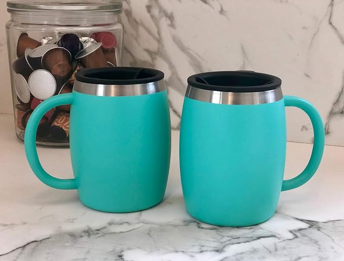 Stainless Steel Insulated Coffee Mugs Set of 2 (14oz) Double Wall Coffee Cups With Spill Resistant Lid & Handle – Shatterproof Cups for Cold & Hot Drinks for Indoor & Outdoor Use (Aqua Blue) - Image 4