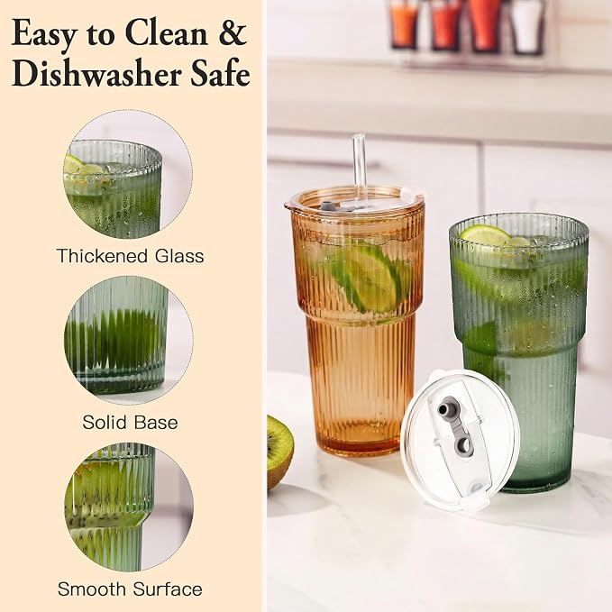 6PCS Ribbed Glass Cups with Lids and Straws, 20oz Vintage Drinking Glasses, Aesthetic Iced Coffee Cups, Glass Tumbler for Boba, Beer, Tea, Cocktails, Ribbed Glassware Set (Colored-6) - Image 6