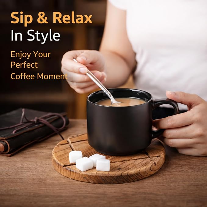 GBhome 14 OZ Coffee Mugs Set of 6, Stackable Ceramic Mugs for Men, Women, Modern Coffee Cups With Stable Base for Latte, Tea, Cappuccino. Dishwasher & Microwave Safe, Matte Black - Image 5